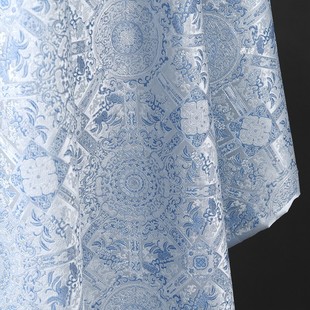 天蓝色 复古国风外套马甲蒙古袍丝绸布料 八达晕织锦缎提花面料