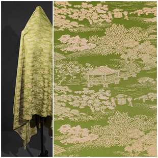 草绿色千里江山图仿醋酸提花面料 双色暗纹中式衬衫裤子裙子布料