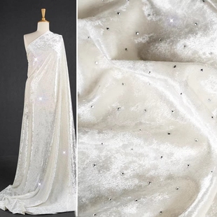 暖白色 闪光韩国绒烫钻丝绒面料 柔软亲肤弹力闪亮礼服打底衫布料