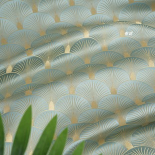 旗袍外套马甲闪亮金丝布 新中式 扇形银杏叶织锦缎提花面料 青色