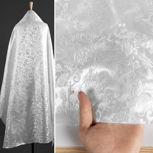 150cm小龙纹织锦缎提花面料 白色中国风汉服外套马甲丝绸服装布料