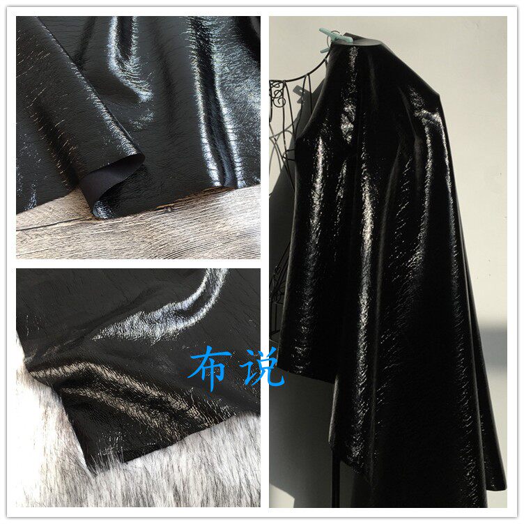 亮光 黑色青蛙皮肌理pu皮革面料 弹力爆裂纹树皮纹褶皱纹皮革布料