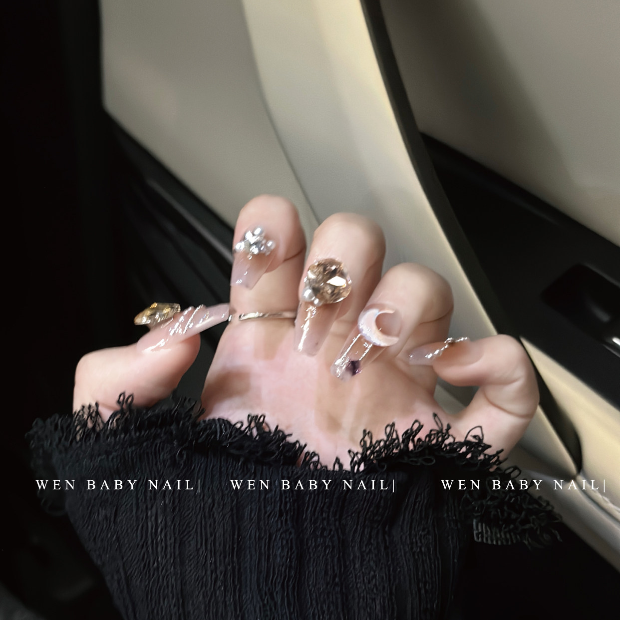 【温Baby】蝶恋月谷~珍珠项链美甲复古橘气质堆钻爆闪腮红穿戴甲