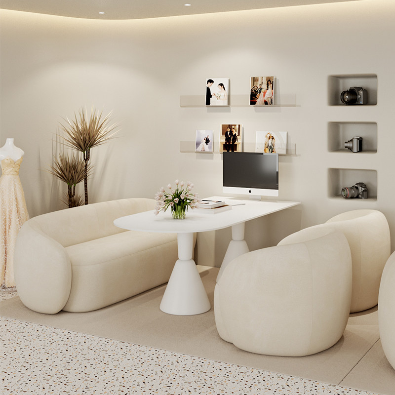 影楼选片区沙发休息接待奶油风婚纱店洽谈美容院桌椅组合套装