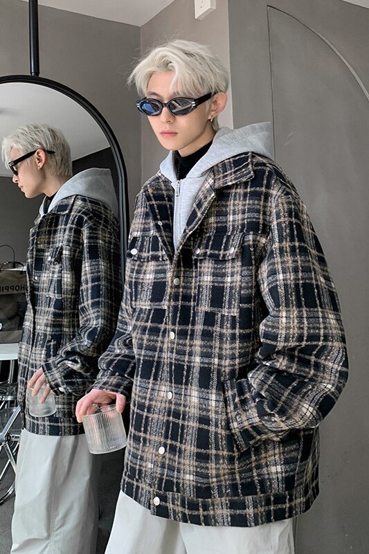 现货1014-WT6201-p118假两件小香风外套男秋款连帽格子毛呢外套,女装短外套,星座1014