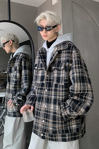 现货1014-WT6201-p118假两件小香风外套男秋款连帽格子毛呢外套图片