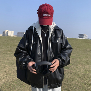 1014-PY986假两件棉衣男冬季韩版宽松PU皮百搭连帽棉服P148-限178图片