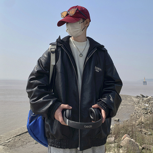 现货1014-PY987棉服男款冬季假两件连帽皮衣外套男士pu皮棉衣图片