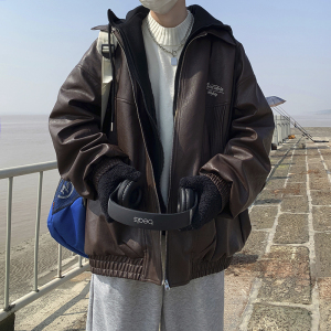 现货1014-PY987棉服男款冬季假两件连帽皮衣外套男士pu皮棉衣图片