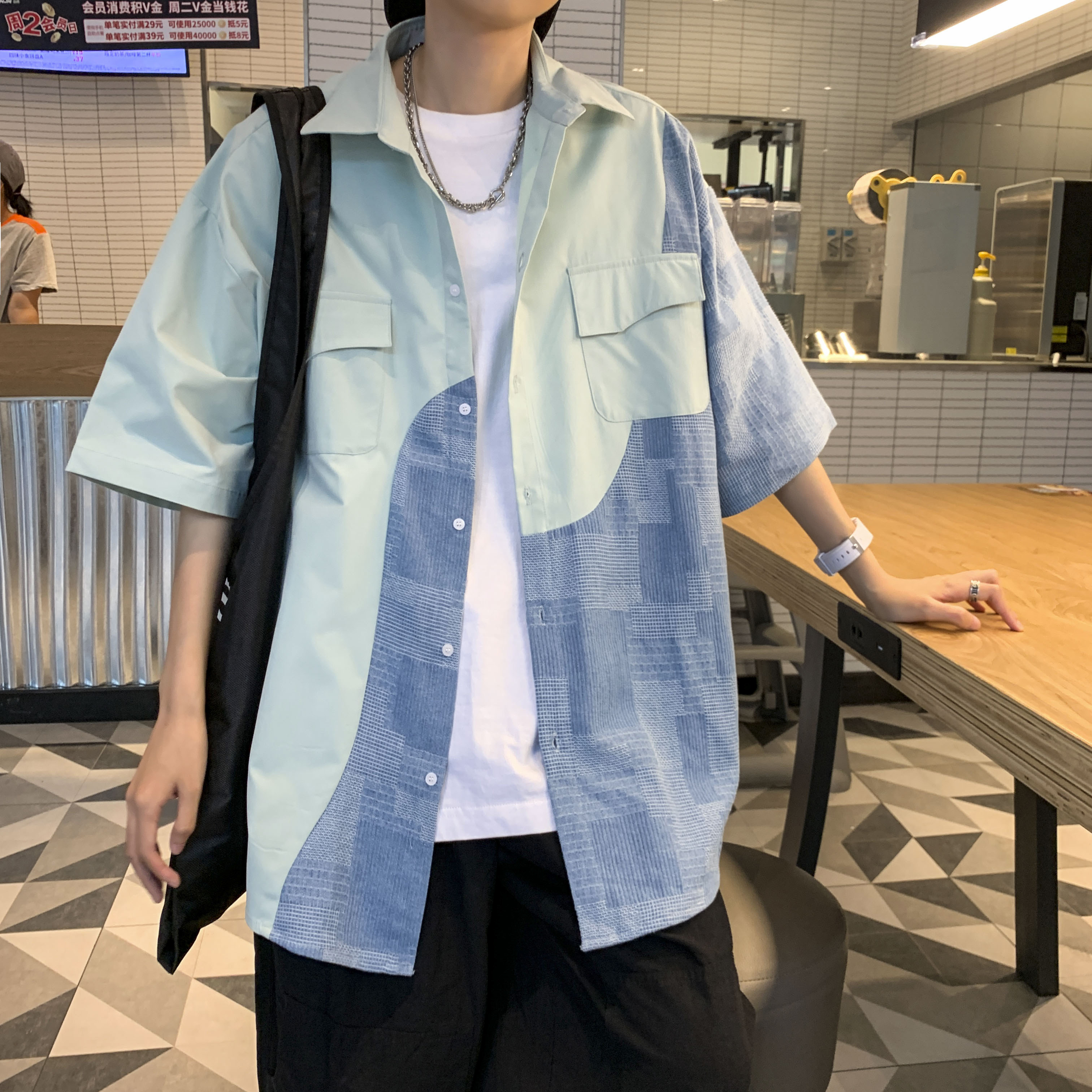 wassuphappy日系短袖衬衫男夏季薄款宽松翻领拼接衬衣服休闲外套，男装衬衫，星座1014