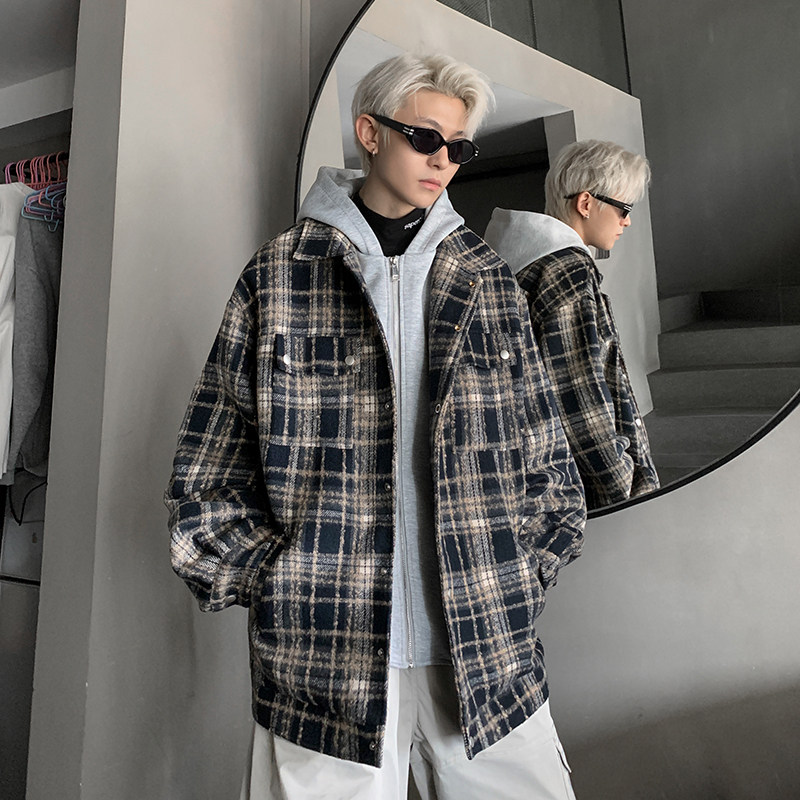 现货1014-WT6201-p118假两件小香风外套男秋款连帽格子毛呢外套,女装短外套,星座1014