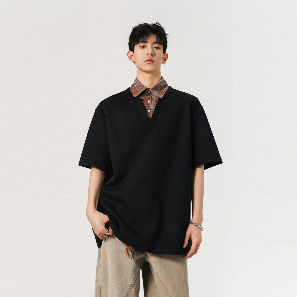 现货1014-TT288-P48学院风格子拼接假两件短袖衬衫领polo上衣,男装Polo衫,星座1014