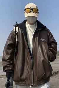 1014-PY987-p148连帽假两件夹棉皮衣男士棉服男秋冬季限178图片