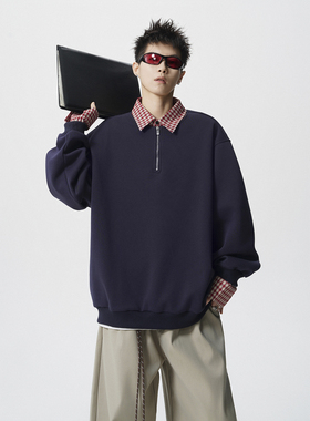 爆款现货 1014-WY3708-特P58~美式拉链设计复古格子polo领卫衣男