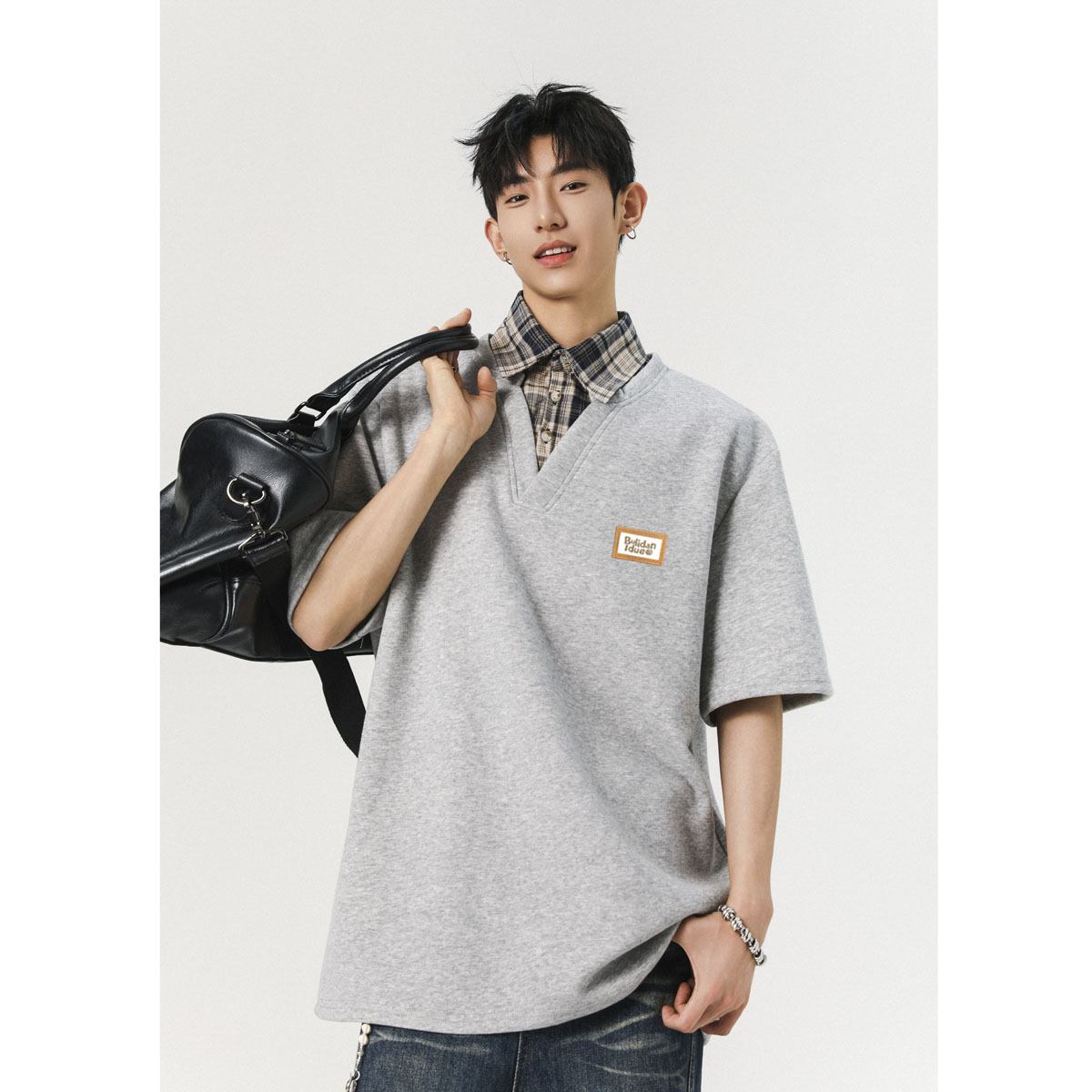 现货1014-TT291-P49学院风格子拼接假两件短袖衬衫领polo上衣,男装Polo衫,星座1014