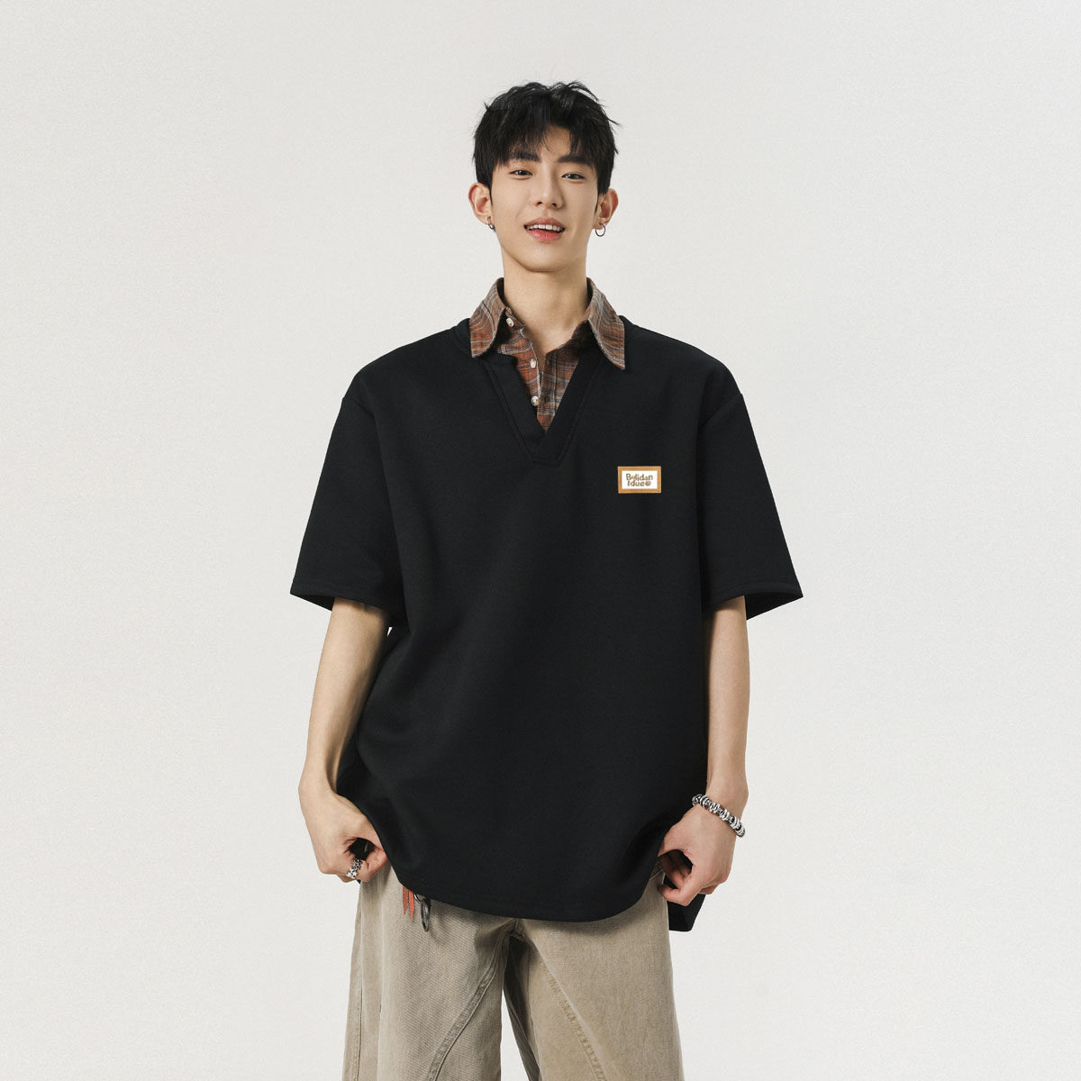 现货1014-TT291-P49美式格子polo领短袖男夏季新款学院风假两件,男装T恤,星座1014
