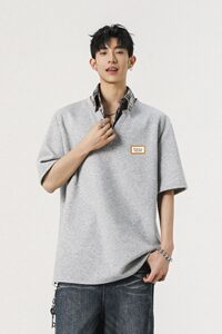 现货1014-TT291-P49学院风格子拼接假两件短袖衬衫领polo上衣图片