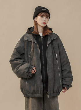 现货爆款1014-MY7709-P148美式复古做旧PU皮衣棉服女2024新款冬季