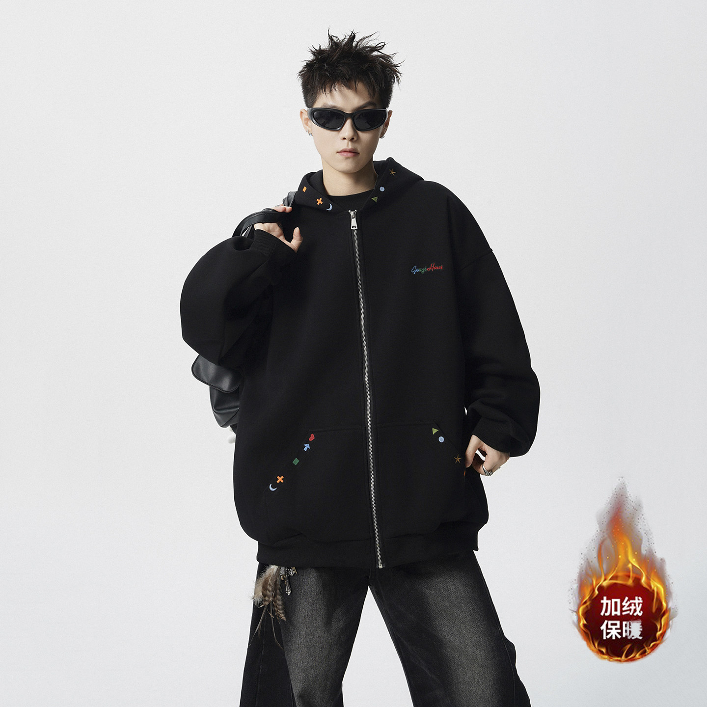现货1014-WY03-P85重磅字母刺绣开衫加绒连帽卫衣男秋冬季,男装卫衣,星座1014