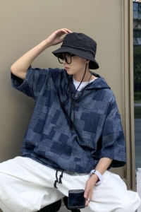 1014-T2168-P55-2023夏季薄款格子牛仔短袖连帽卫衣ins超火cec图片