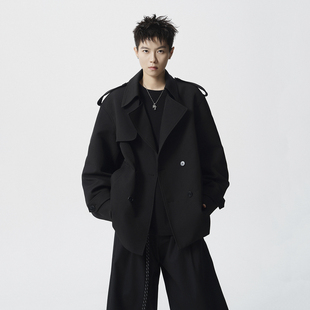 1014-F166-P98-美式插肩长袖双排扣短款夹克男春季风衣外套