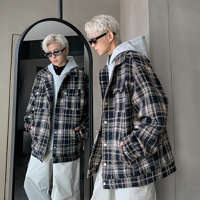 现货1014-WT6201-p118-限148假两件连帽复古格子夹克男毛呢外套，男装夹克，星座1014