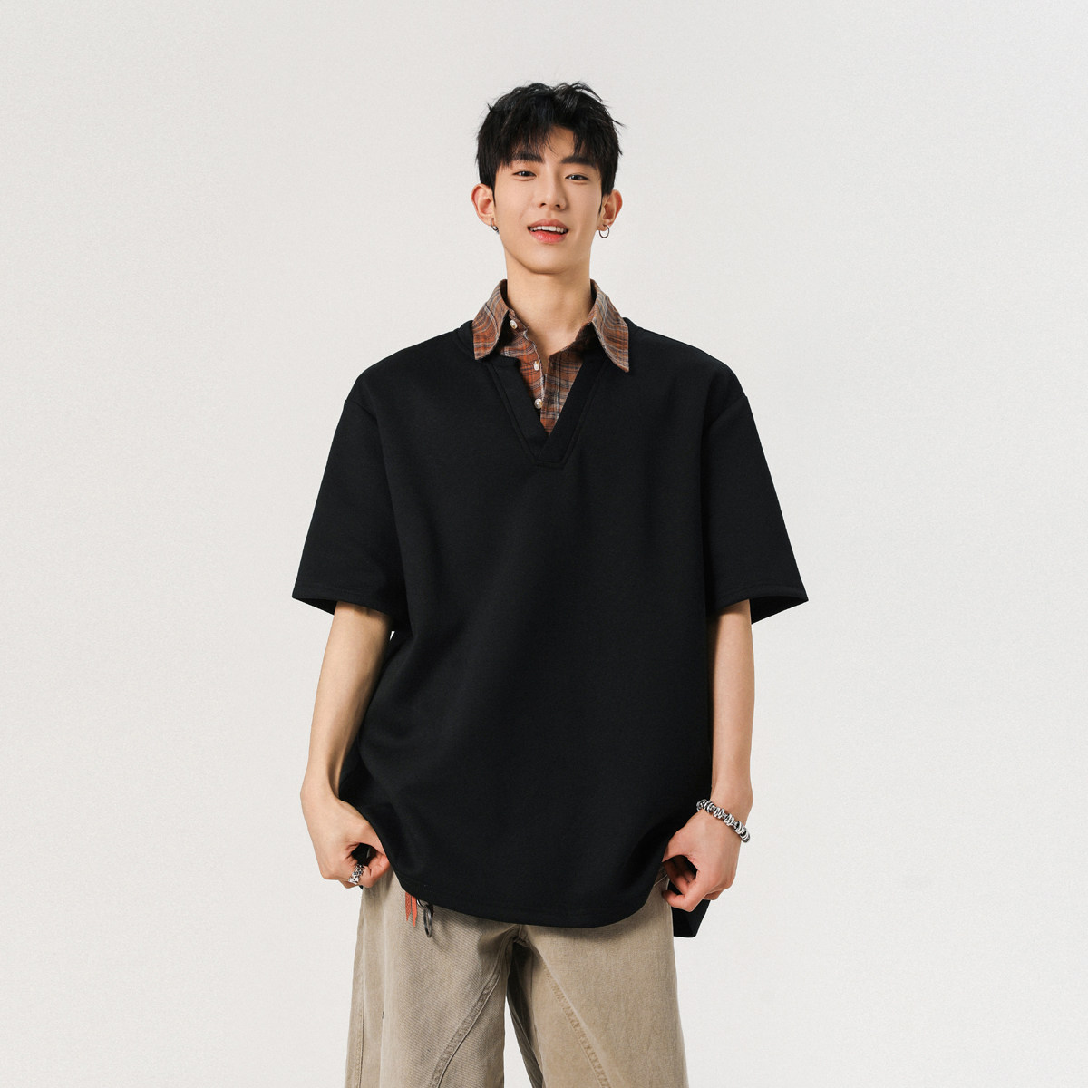 现货1014-TT288-P48学院风格子拼接假两件短袖衬衫领polo上衣,男装Polo衫,星座1014