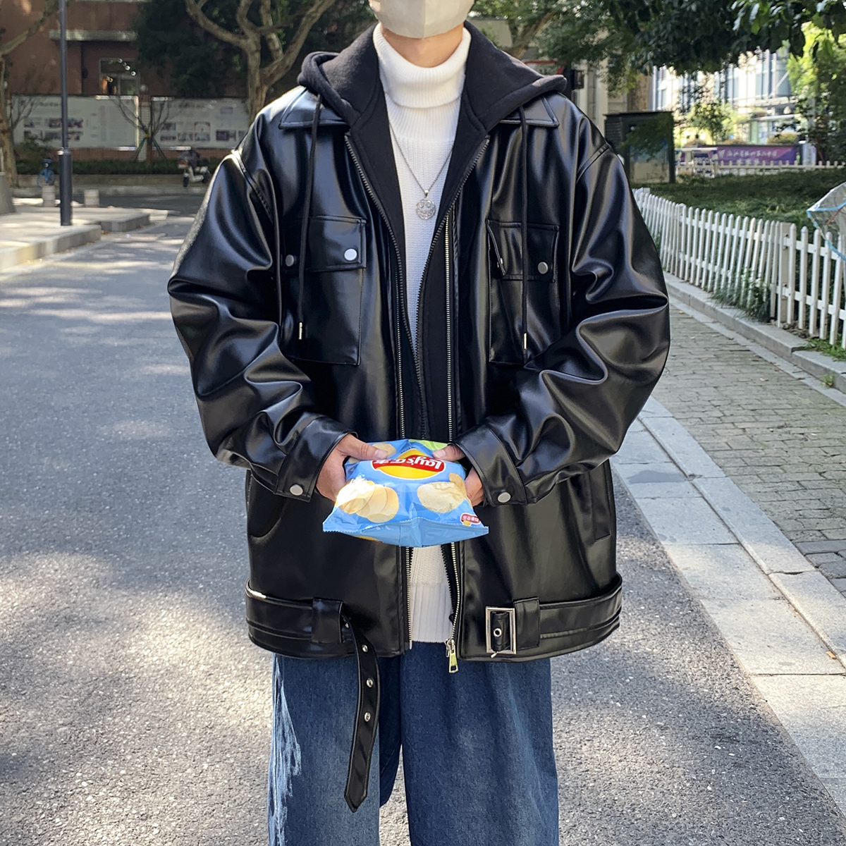 现货1014-PY876-P1482025秋冬新款加棉加厚假两件连帽皮衣，男装皮衣，星座1014