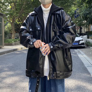 现货1014-PY876-P148~2025秋冬新款加棉加厚假两件连帽皮衣图片