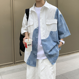 wassup happy日系短袖衬衫男夏季薄款宽松翻领拼接衬衣服休闲外套图片