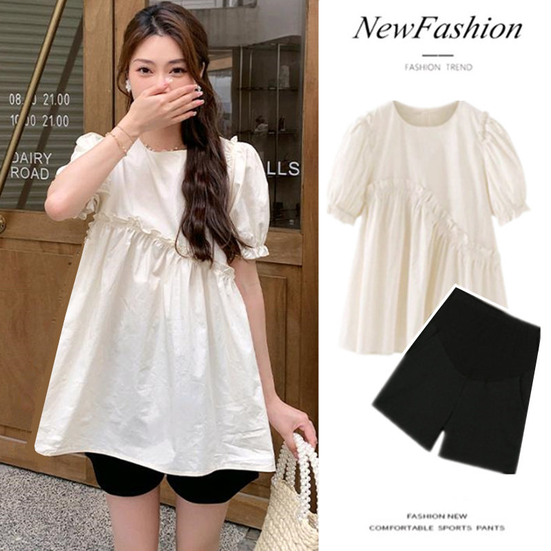 출산 셔츠 여름 느슨한 유행  인형 셔츠 멋쟁이 연령 감소 유행 엄마 반팔 반바지 얇은 투피스 세트