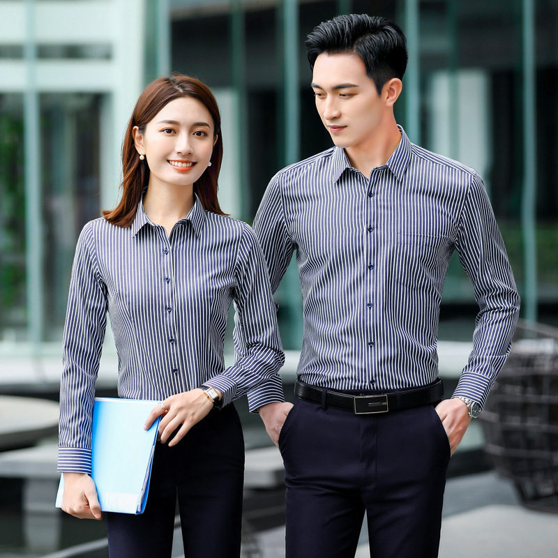 职业蓝色条纹衬衫女秋冬长袖男女同款气质衬衣套装4S店工作服正装