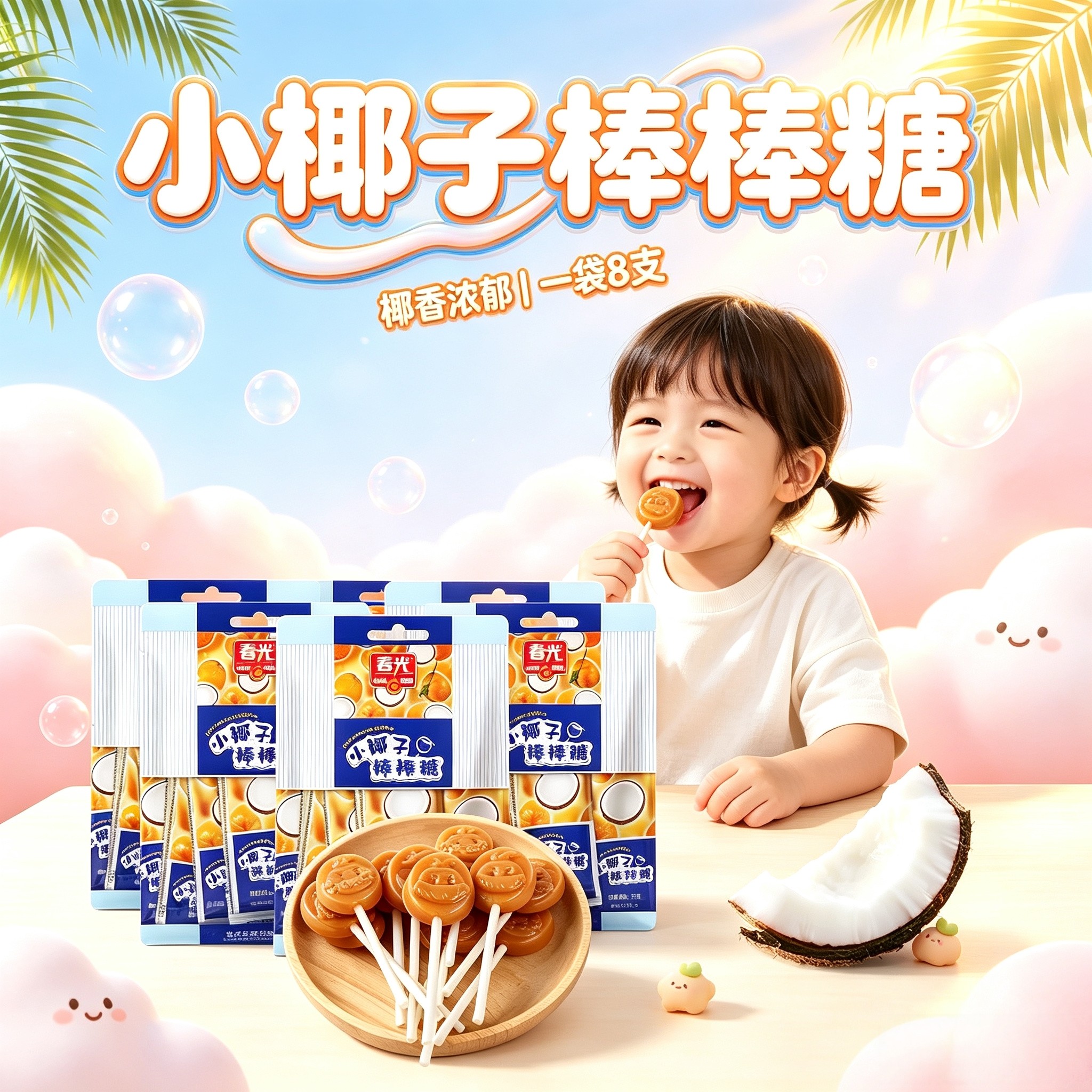 春光原味小椰子棒棒糖56克*3袋儿童零食婚庆椰子硬糖喜糖三亚特产