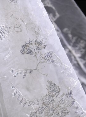 孔雀絮语 艺术重工手工珠片刺绣真丝欧根纱17姆100丝135宽