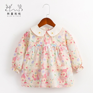 时尚 公主外穿衣防脏幼儿园吃饭衣春秋 韩版 宝宝罩衣纯棉花边娃娃衫
