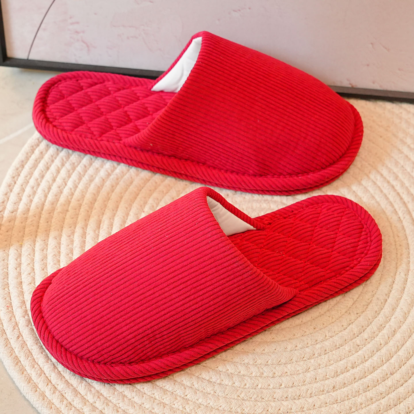 室内布底静音无声软底条绒棉拖鞋