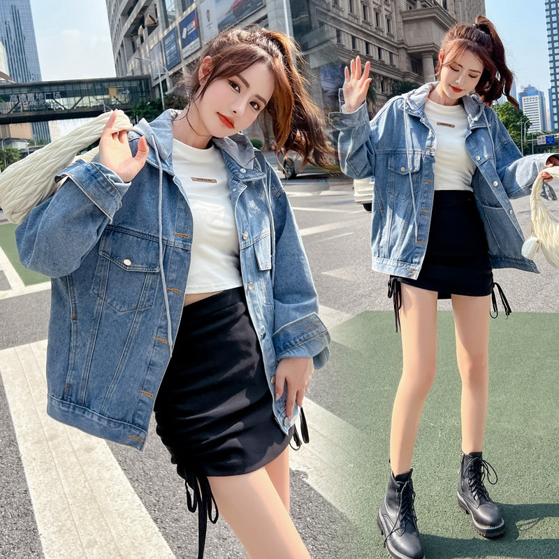 大码宽松牛仔外套女2025春秋新款慵懒风原宿复古牛仔衣潮帽子可卸
