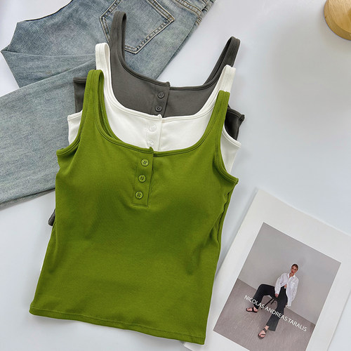 复古纽扣小背心带胸垫短款无袖