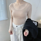 内搭薄款 圆领秋衣莫代尔打底衫 女低领长袖 肤色大领口u领紧身上衣