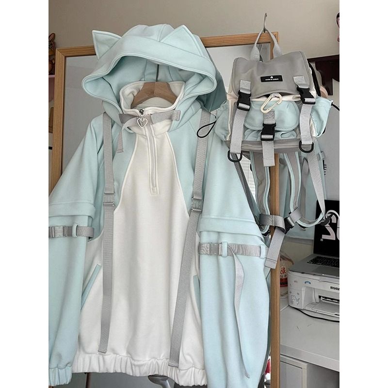 日系慵懒风亚萌软妹拼色连帽卫衣女秋冬加绒加厚宽松可爱帽衫外套
