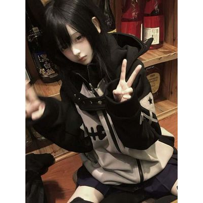 软妹日系黑灰撞色可拆卸帽子卫衣女秋冬加绒加厚可爱开衫立领外套