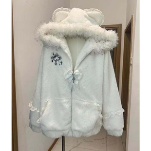 日系软萌刺绣猫咪耳朵毛领棉衣女冬季 可爱蝴蝶结宽松保暖棉服外套