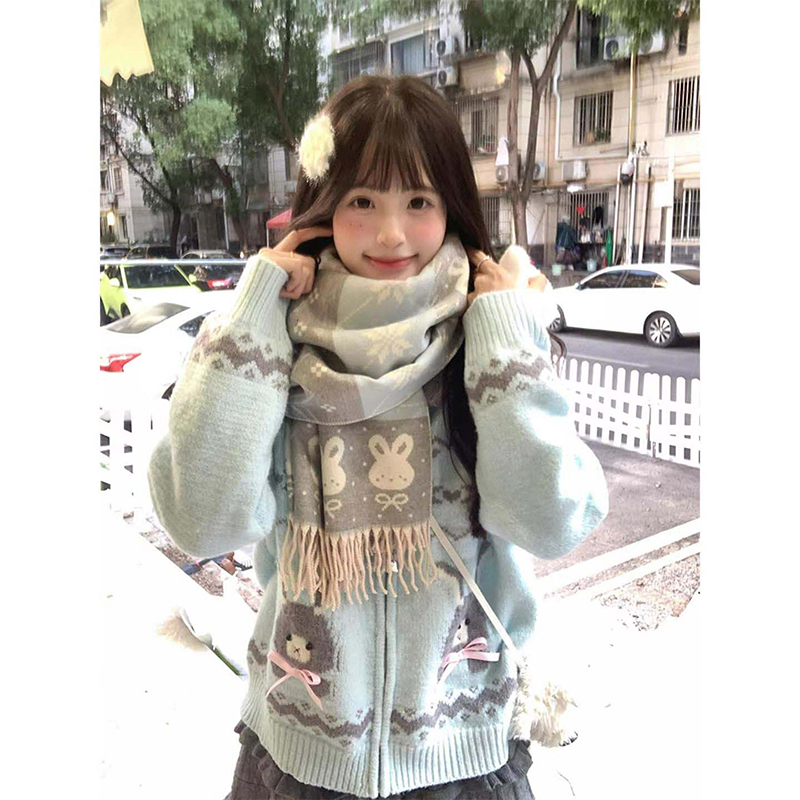 软妹甜美可爱小熊提花连帽毛衣女秋冬宽松费尔岛拉链针织开衫外套