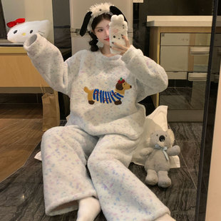 加绒加厚保暖法兰绒可爱家居服套装 珊瑚绒睡衣女秋冬季 2025年新款