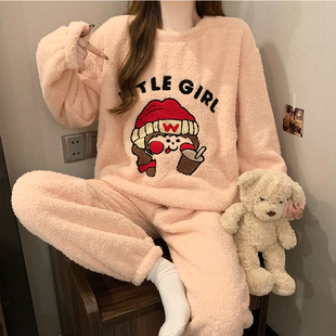 卡通可爱法兰绒家居服套装 珊瑚绒睡衣女秋冬季 加绒加厚2025年新款