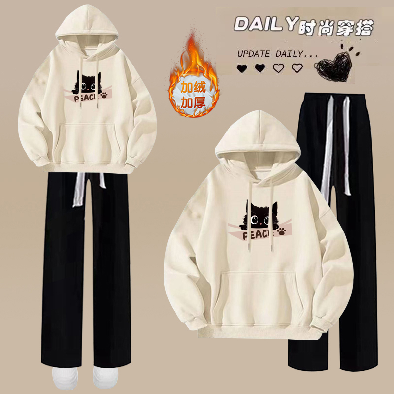 休闲运动套装女初高中学生2025秋冬新款少女学院风加绒卫衣套装