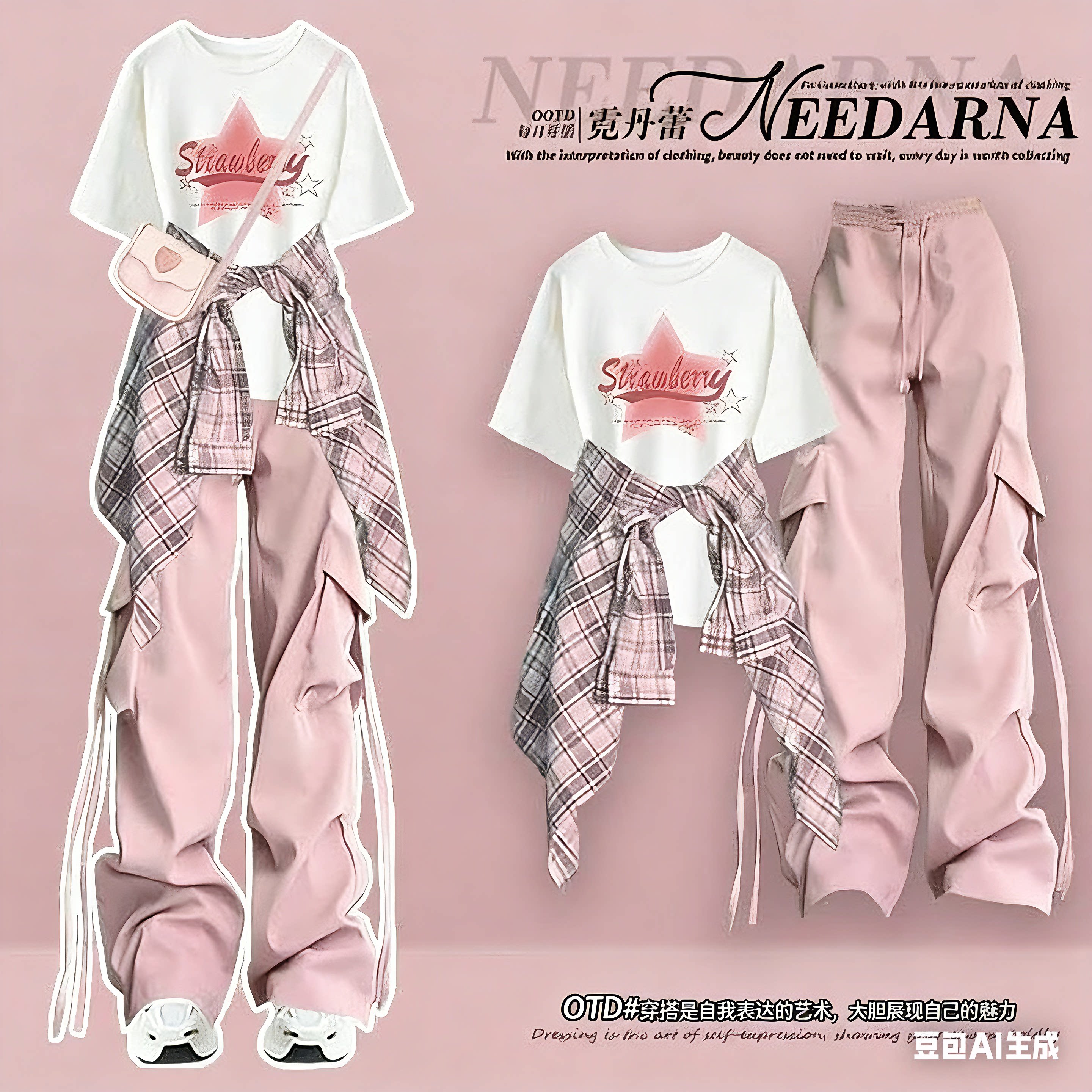 初中生女孩夏季穿搭一整套装多巴胺粉色炸街女T恤短袖工装裤衬衫