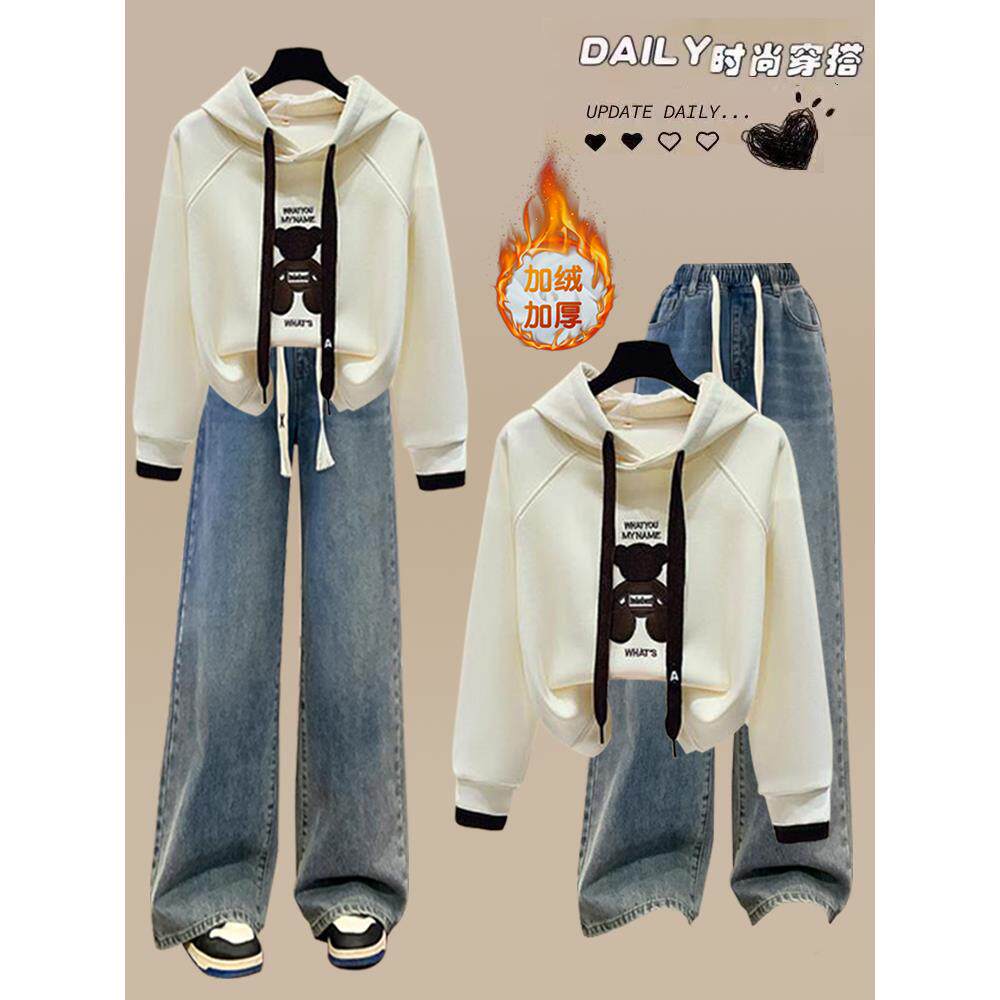 少女秋冬加绒运动套装初中高中学生时尚洋气连帽卫衣休闲裤两件套