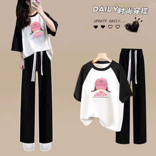 女学生插肩T恤两件套2026宽松可爱夏季新款短袖+休闲阔腿裤套装潮