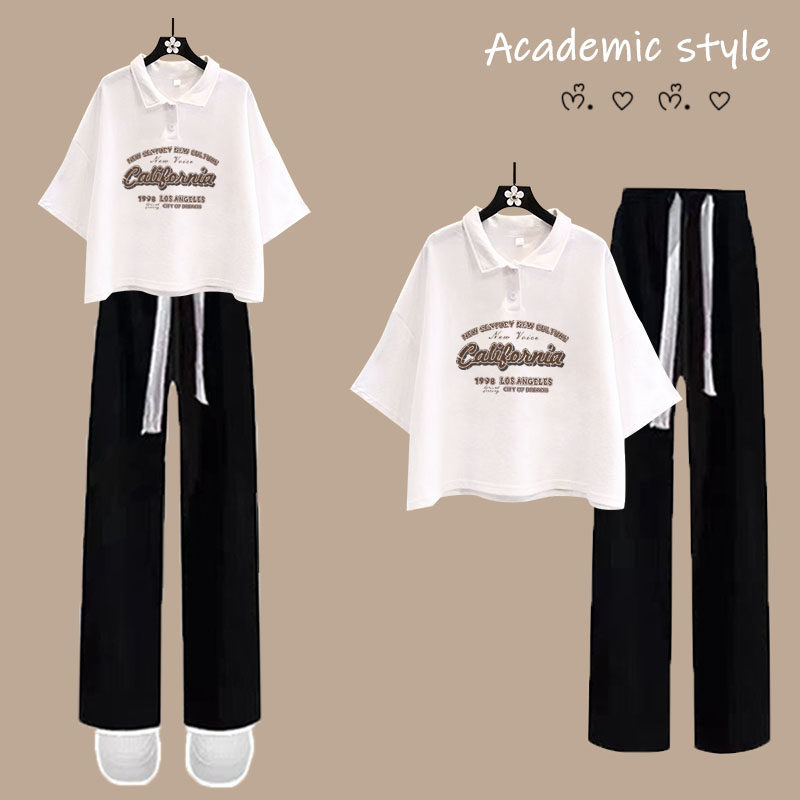高中生短袖两件套装T恤短款Polo衫夏季初中学生2026少女孩阔腿裤